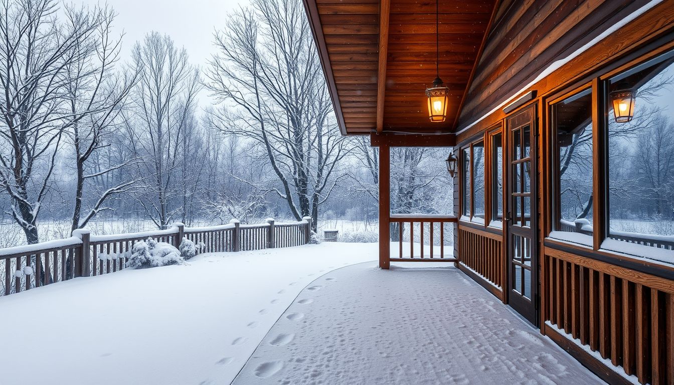 A verandán hulló hó a tiszta kezdetek szimbóluma álomban.