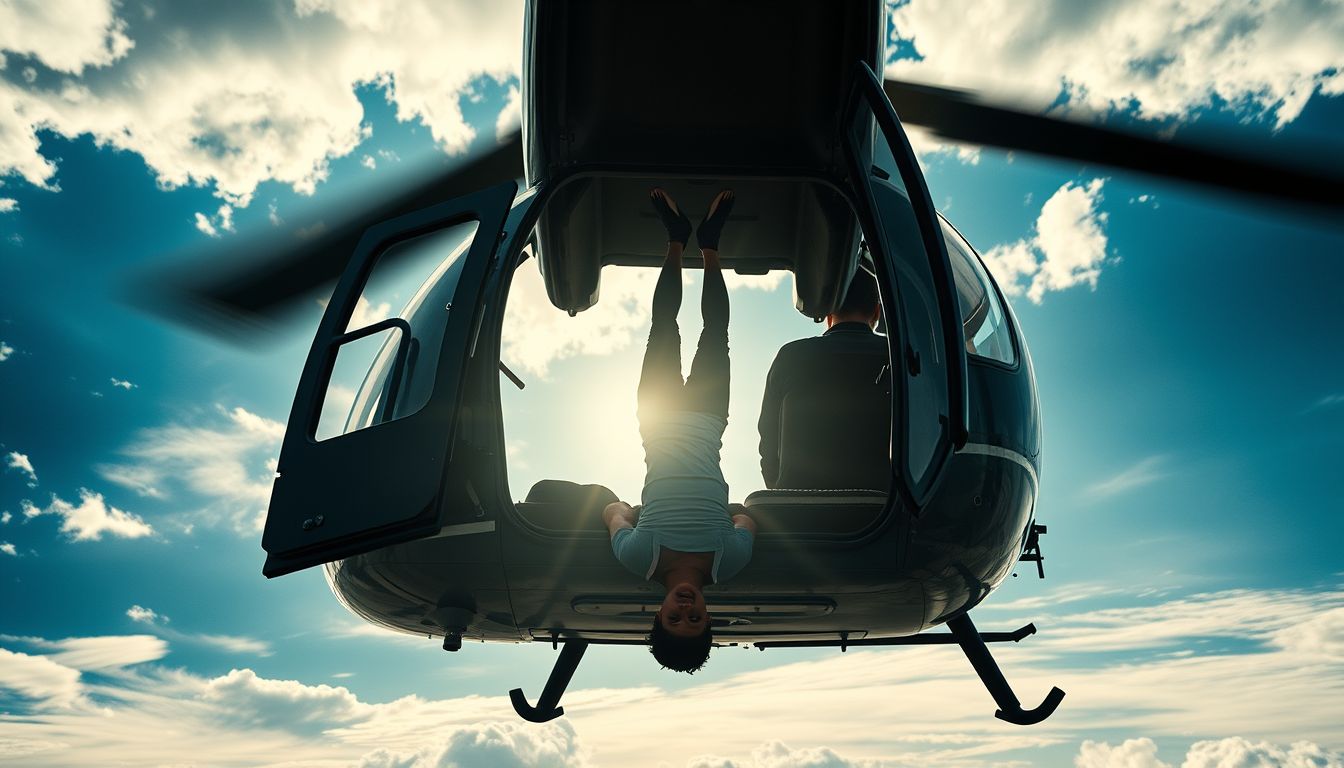 A helikopterből fejjel lefelé lógni a kontroll hiányát jelzi.