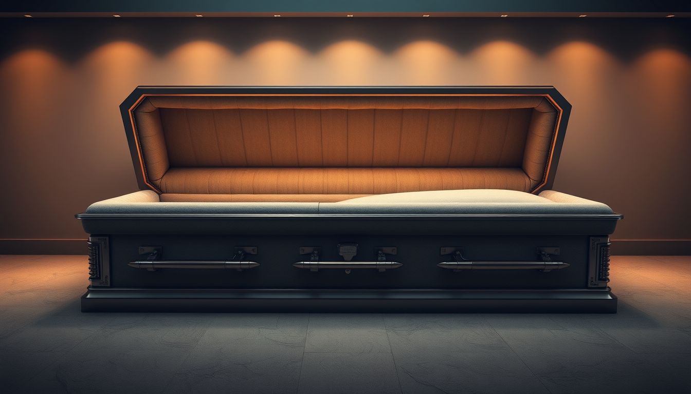 A kárpitozott koporsó a gyász békés lezárását jelképezi.