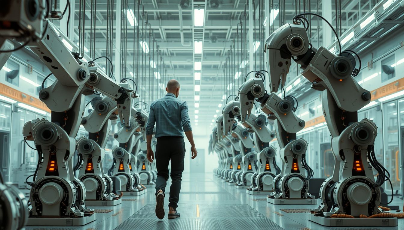 Robot gyárban lenni álomban a kontroll és automatizálás szimbóluma.