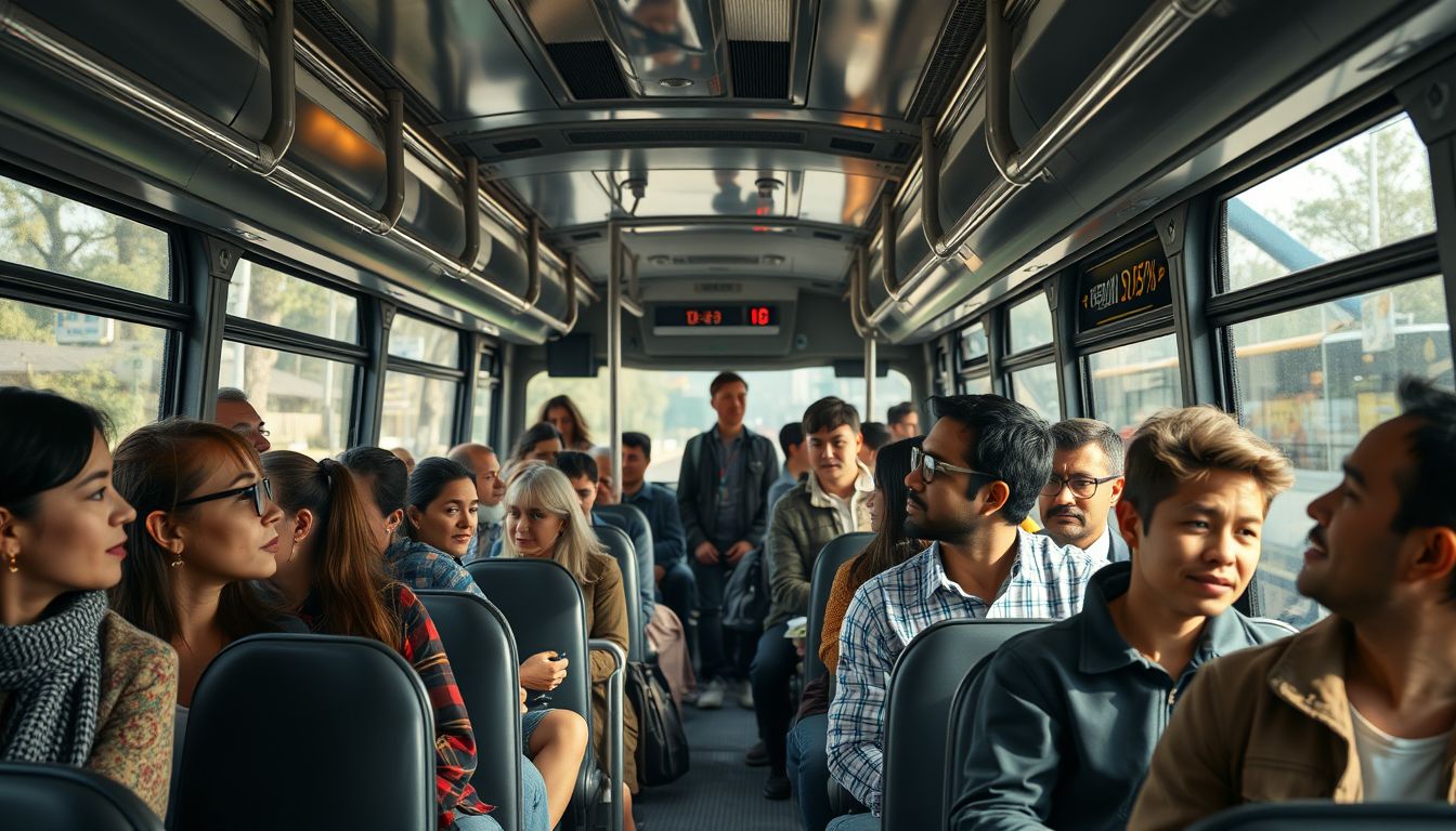 Az utas a buszon a közösségi és egyéni identitást jelképezi.