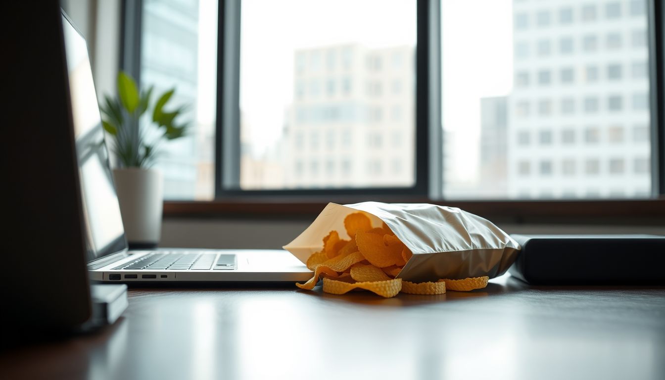 A munkahelyi chips álom stressz és jutalom egyensúlyát jelzi.