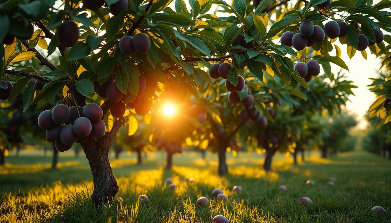 A szilvafák gyümölcsöskertben álomban a bőség jelei.