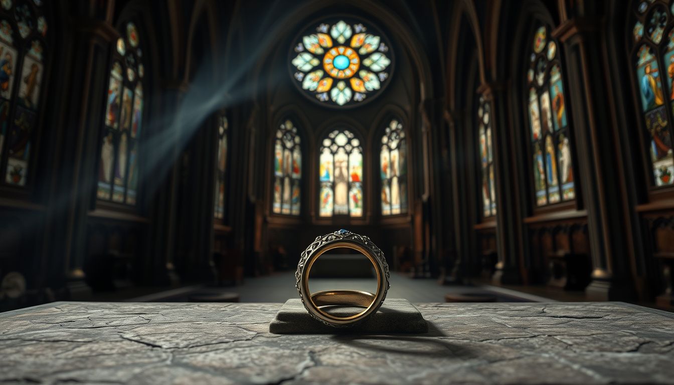 Álom pecsétgyűrűről templomban: szent kötelék és titkok jelképe.