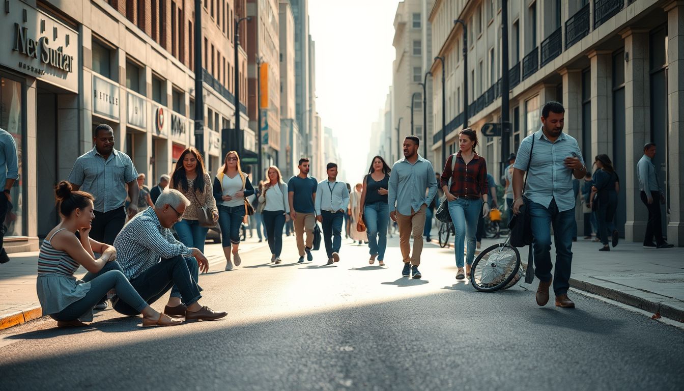Az aszfalton járó emberek álmában a stabilitás és közösség jelei.