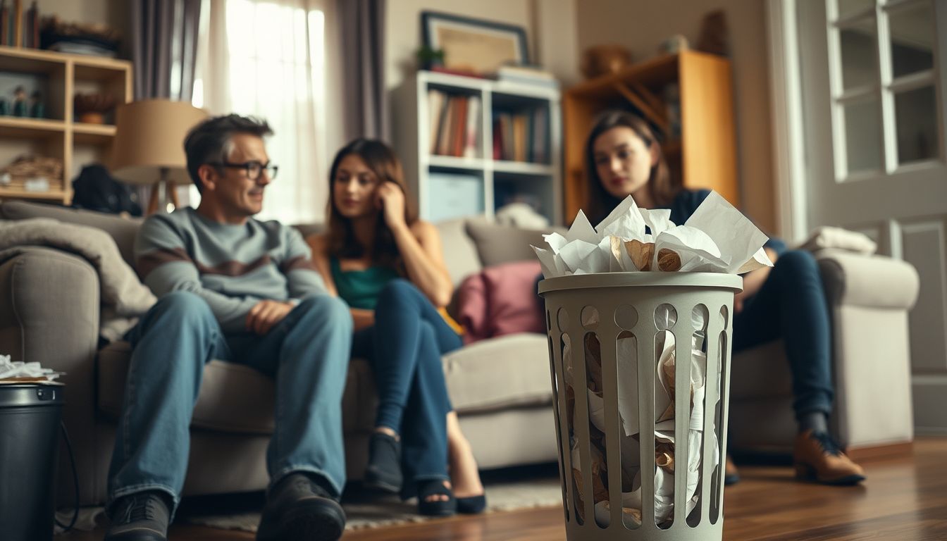 A papírkosár otthon családi konfliktusok elfojtását jelzi.
