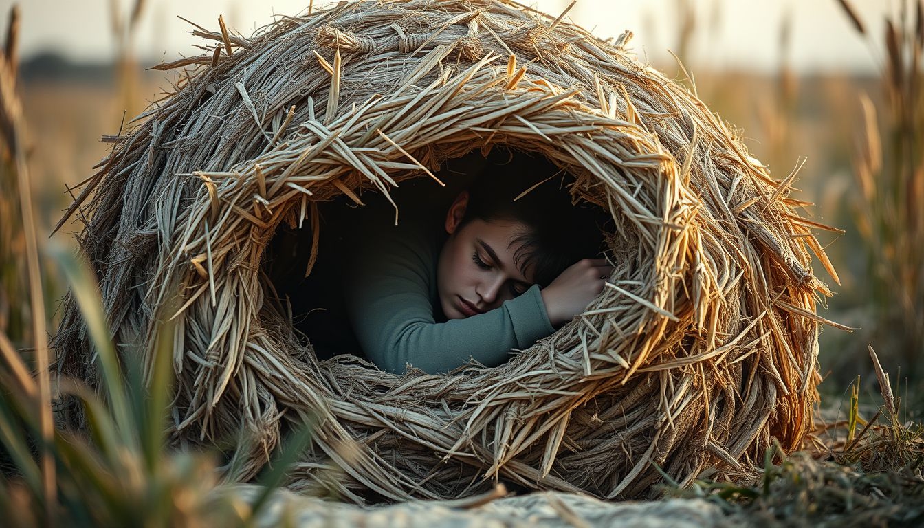 A szalmazsákba rejtőzés az elbújás és védelem vágyát jelzi.