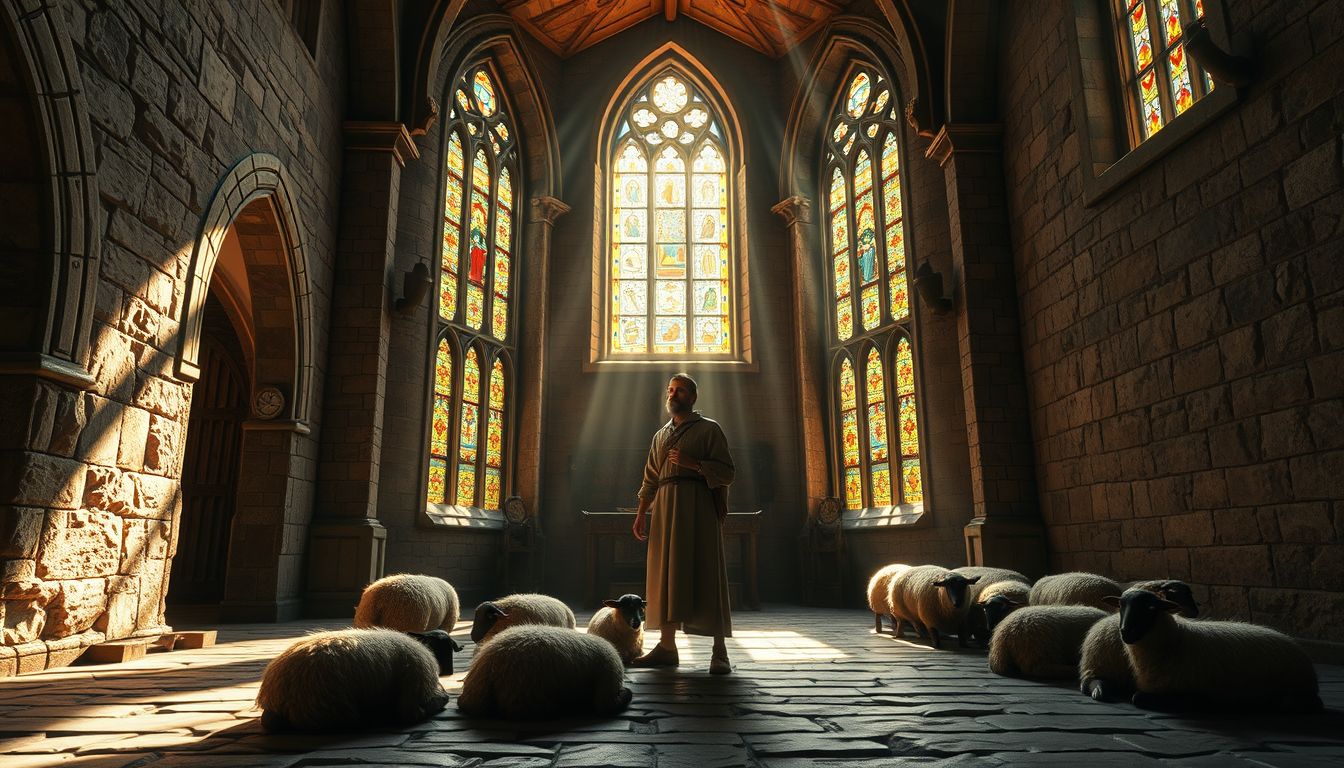 A pásztor a templomban a lelki vezetést szimbolizálja.