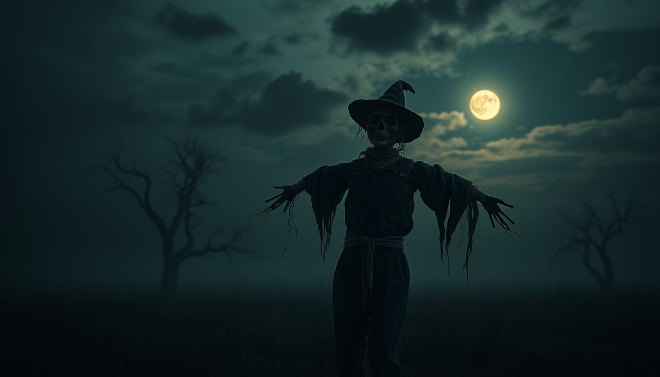 A sötétben álló madárijesztő rejtett félelmeket szimbolizálhat.