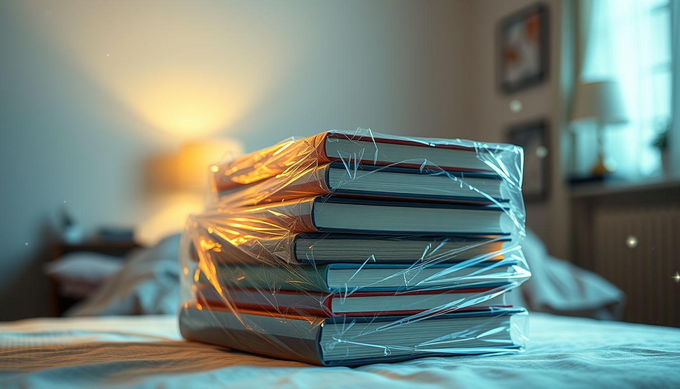 A fóliával védett könyvek álomban titkok megőrzését jelzik.