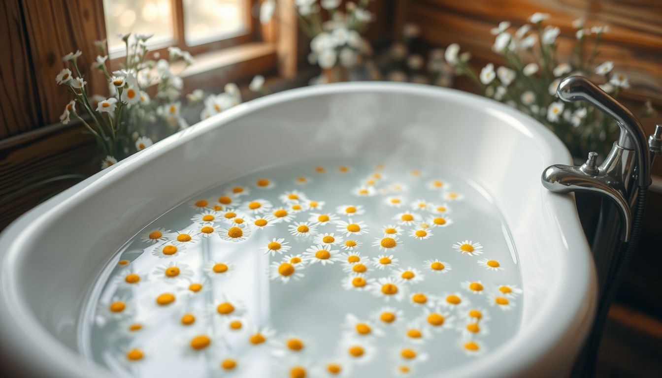 Kamillás fürdő álomban a lelki béke és tisztulás jele.