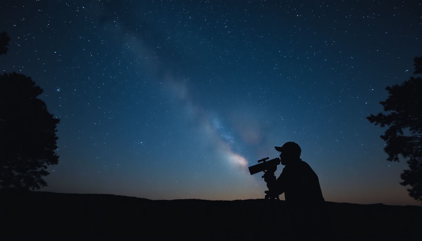 Az éjszakai égbolt távcsővel csillagjóslás és felfedezés szimbóluma.