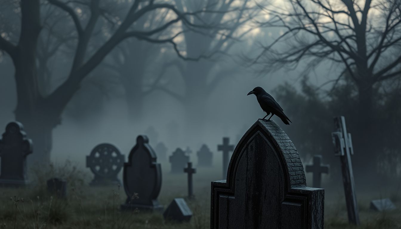 A varjú a temetőben az elmúlás és újjászületés jelképe.