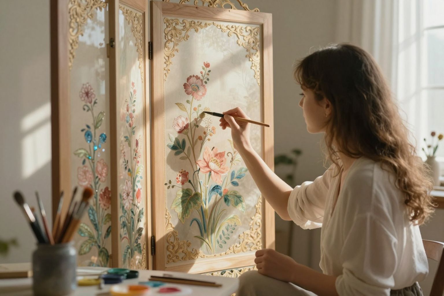 A paraván festése álomban titkos vágyakat és rejtett érzéseket bontakoztat ki, felfedve a lélek színes világát.