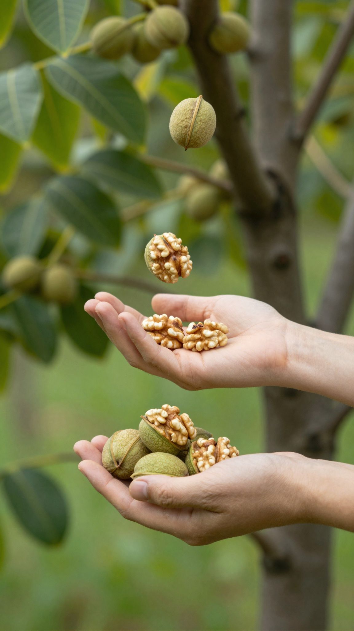 A diófa gyümölcsének hullása álomban az élet változását és rejtett ajándékok érkezését ígéri titokzatos fényben.