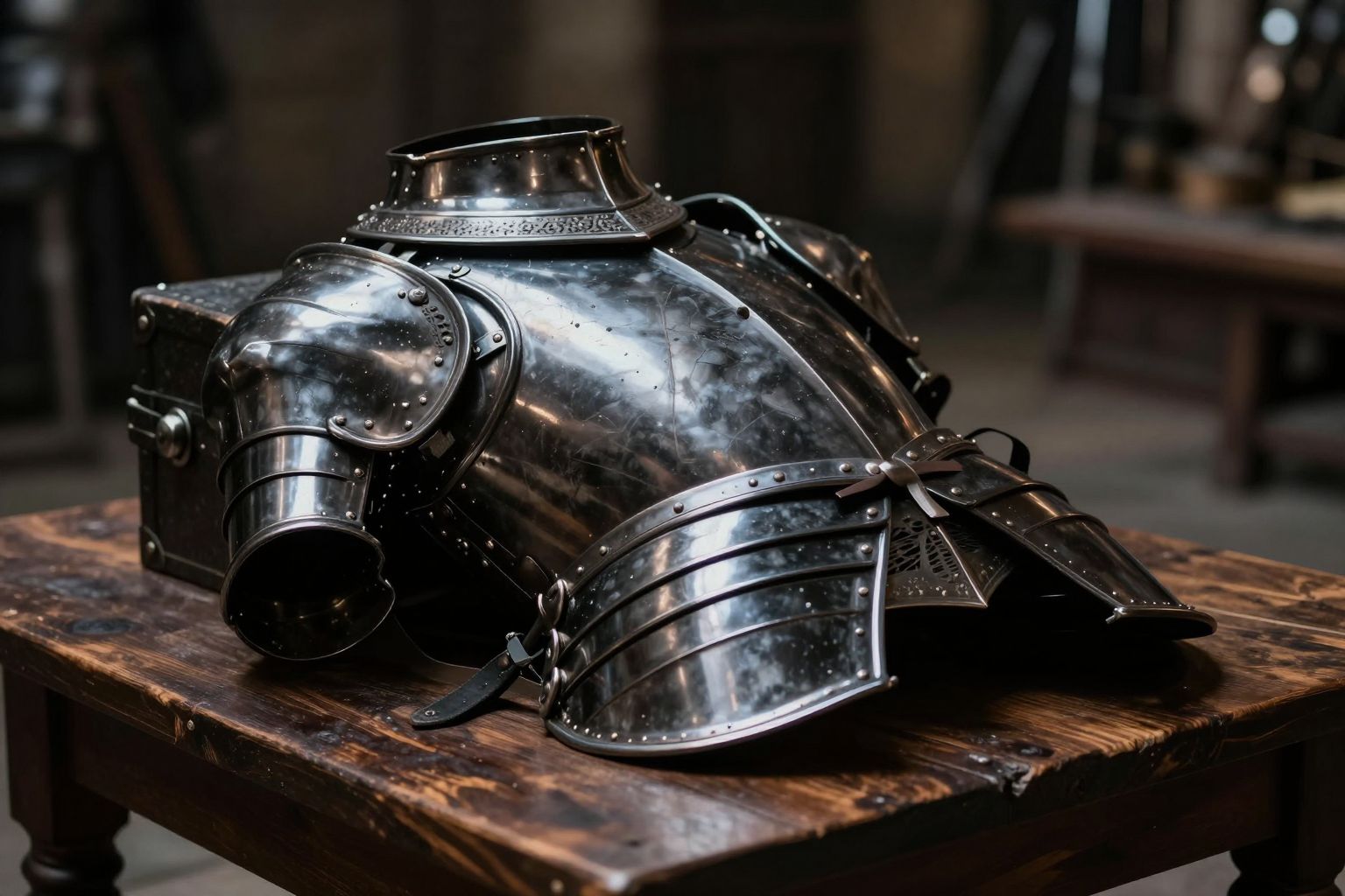 A fekete páncél álomban az ismeretlen álarca, mely titkokat rejt és védelmet ígér a sötétségben.