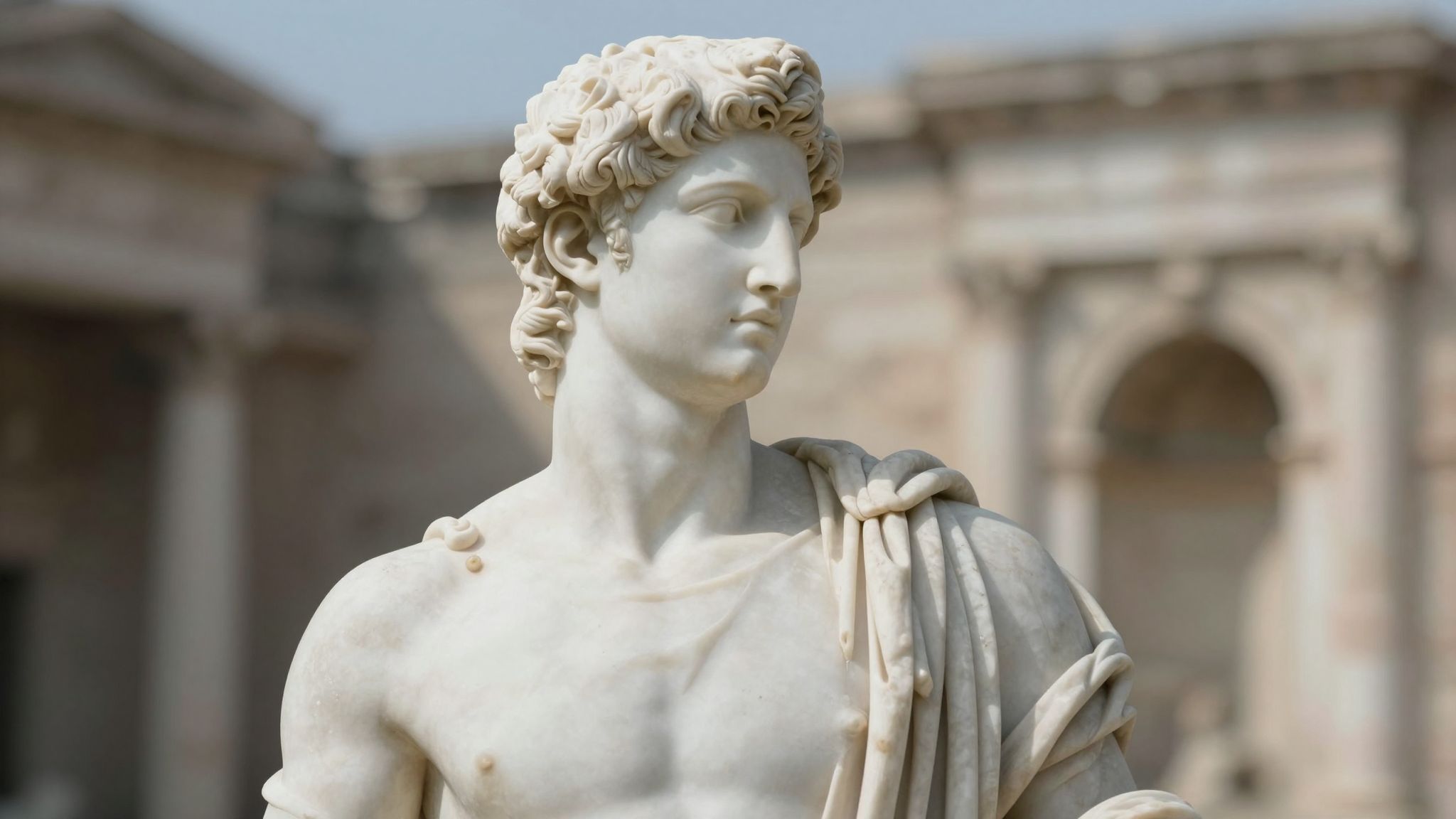 A görög szobor álma a múlt titkait suttogja, lelki erő és bölcsesség rejtett forrását idézve fel.