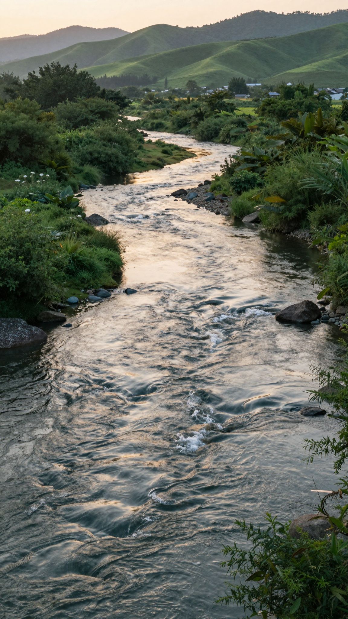 A folyó örök csendben folydogál, mint az idő titkokkal teli tükrén átívelő lélek útja.
