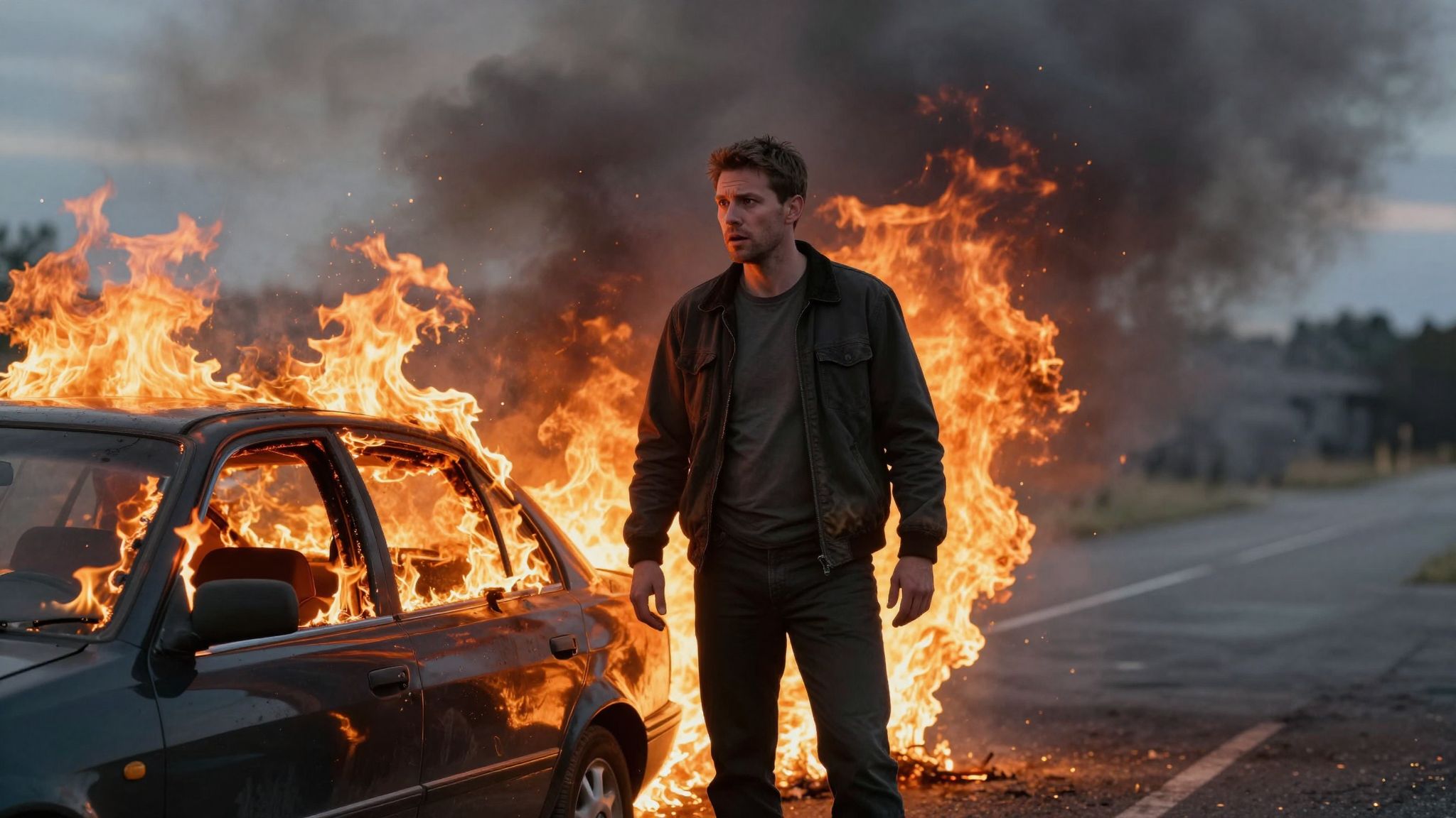 A lángoló gázolajos autó álma a belső konfliktusok tűzbe borulását és a változás sürgető erejét jelzi.