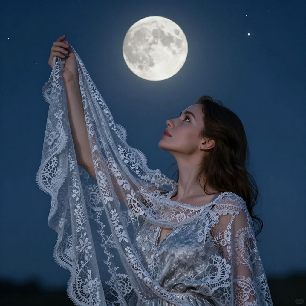 Az ezüst csipke álom jelképezi a nőiesség misztikus erejét, mely a hold fénye alatt születik újjá.