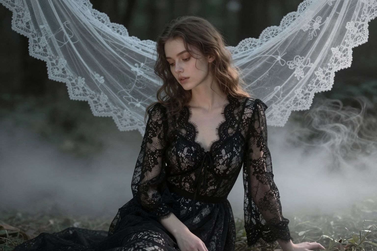 A fekete csipke álom mély titkokat rejt, érzelmek tengerében sodorva a tudattalan sötét mélységeibe.
