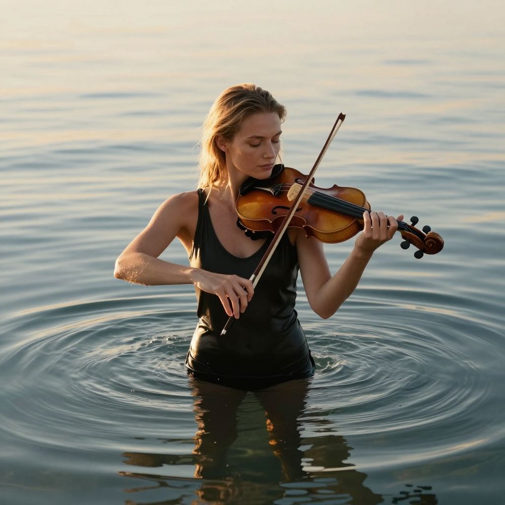 A vízben játszó hegedű hangja a lélek mélyéről szól, érzelmi tisztulást és újjászületést ígérve.