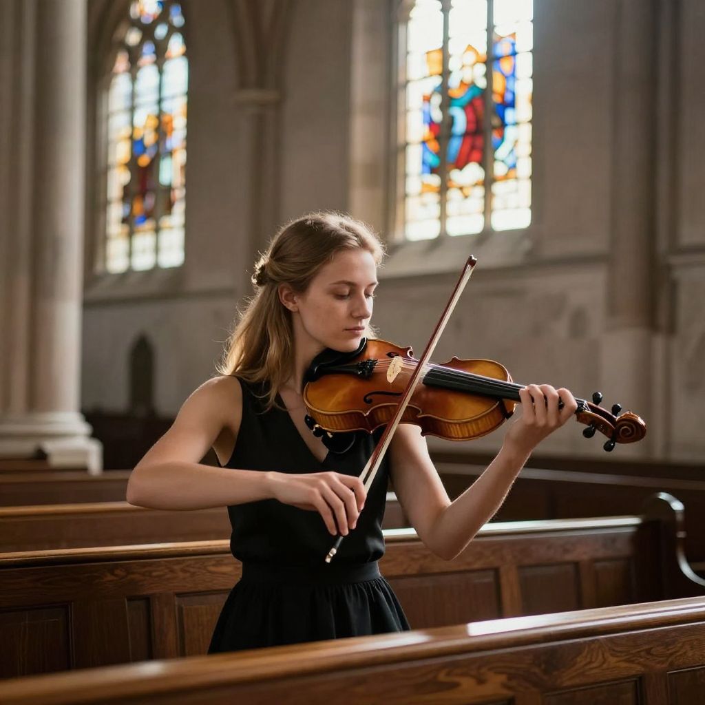 A hegedű lágy dallama a templomban az álomban a lélek mély békéjét és isteni harmóniát hirdeti.