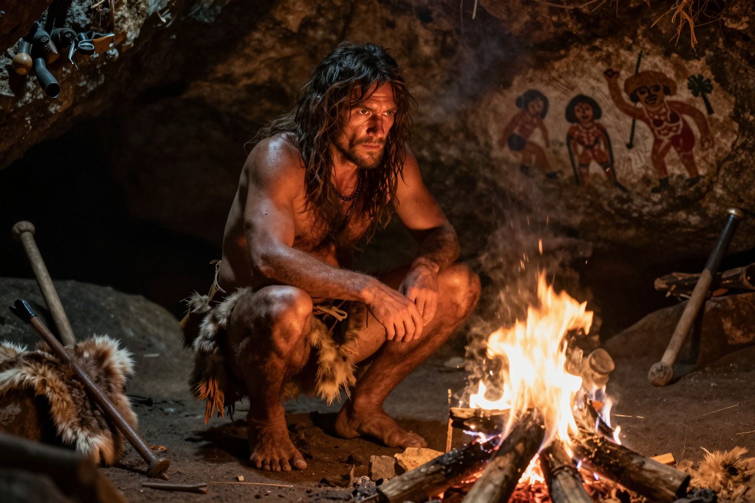 Az ősember álmaiban a tűz fénye vezet, ösztönösen felidézve a túlélés harcának ősi erejét.