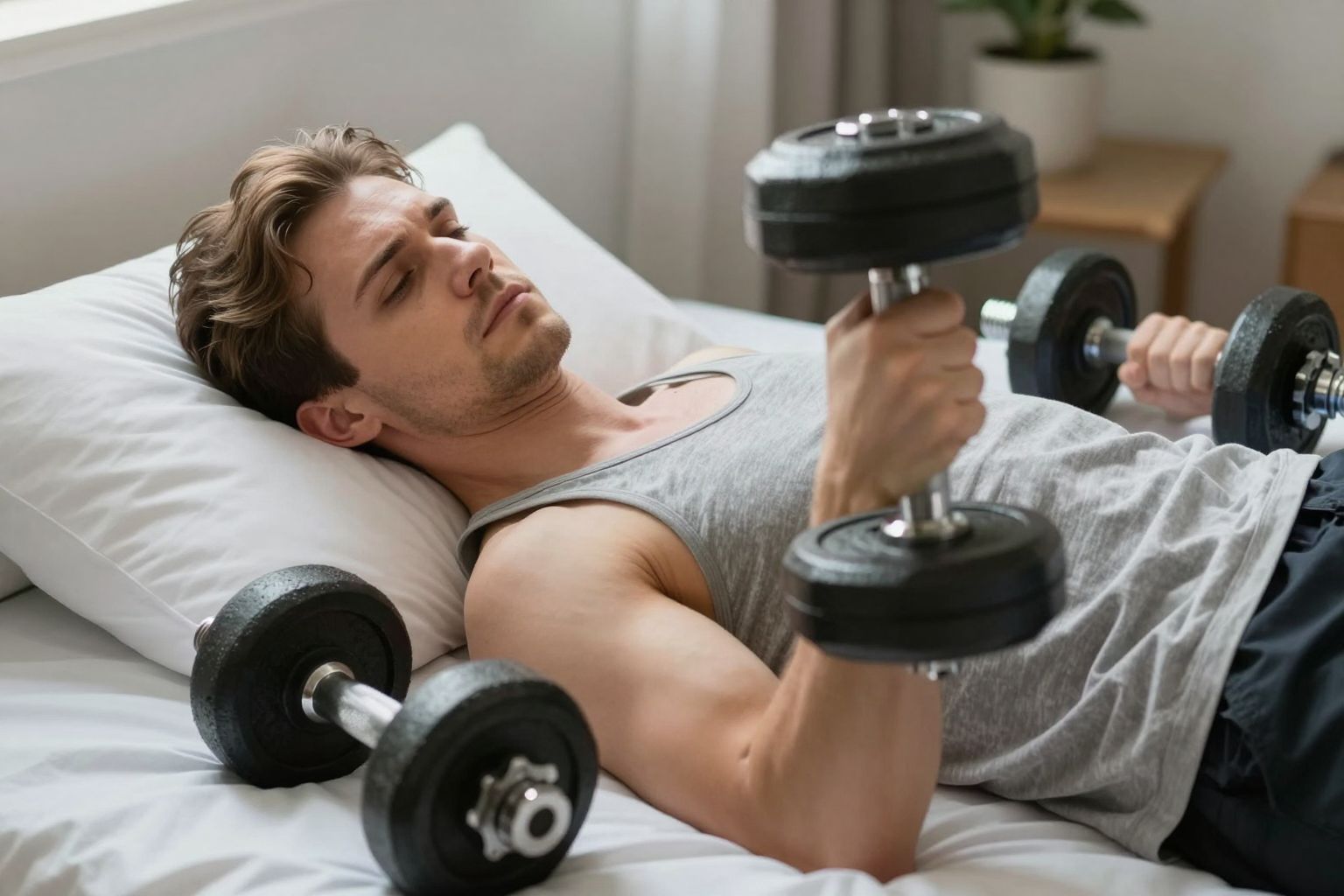 Az ágyban nyugvó súlyzók álomban a felelősségek csendes terhét testesítik meg, melyet lelked ölthet magára.