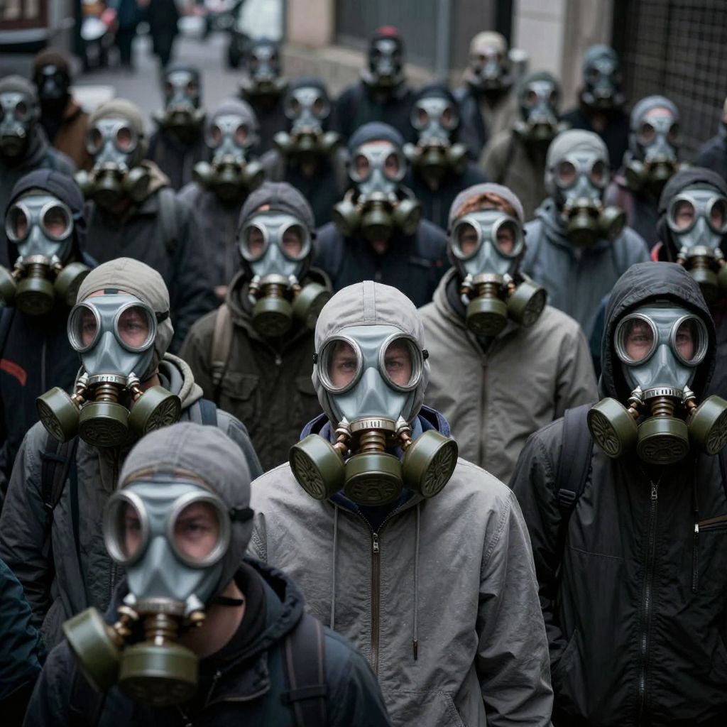 A gázálarcos tömeg az elnyomott félelmeink és vágyaink kivetülése, ahol a személyiség eltűnik a kollektív álmok tengerében.