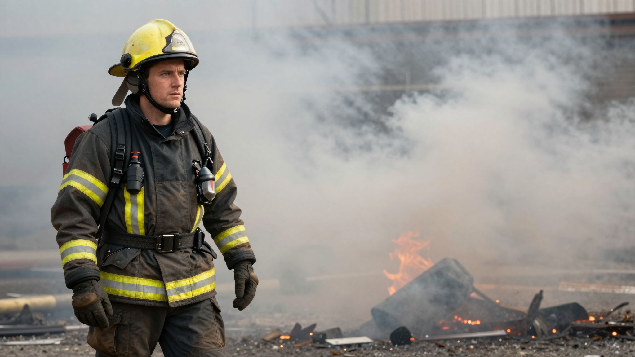 A robbanás utáni csendben a tűzoltó, mint hős, feltámad a lángokból, hogy újjáépítse a reményt.
