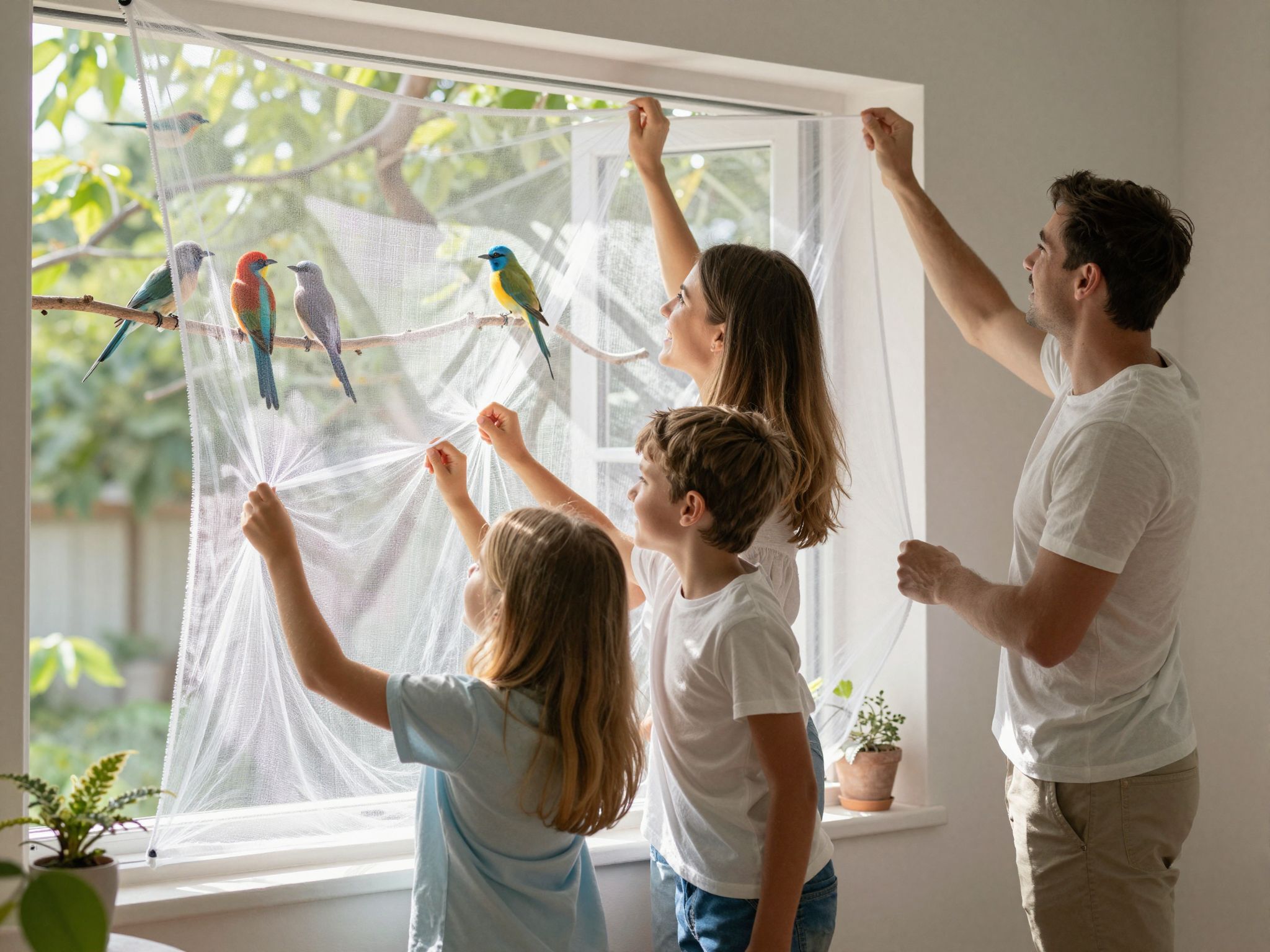 A szúnyogháló mögött rejtőző világban a madarak éneke varázslatos híd az álmok és valóság között.