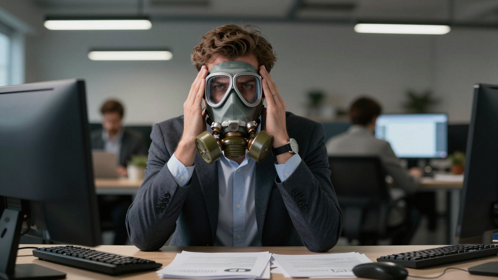 A gázálarc a munkahelyen a rejtett félelmek és a megfelelési kényszer súlyát jelzi, miközben a belső erőinkért küzdünk.