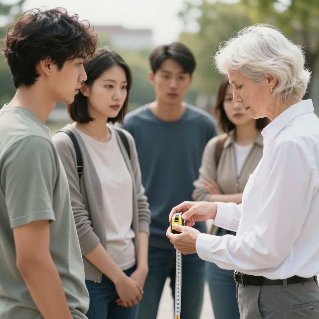 A mérőszalaggal körbemérés a kapcsolatok határait és mélységeit fedi fel, rejtett érzelmeket és vágyakat tükrözve.