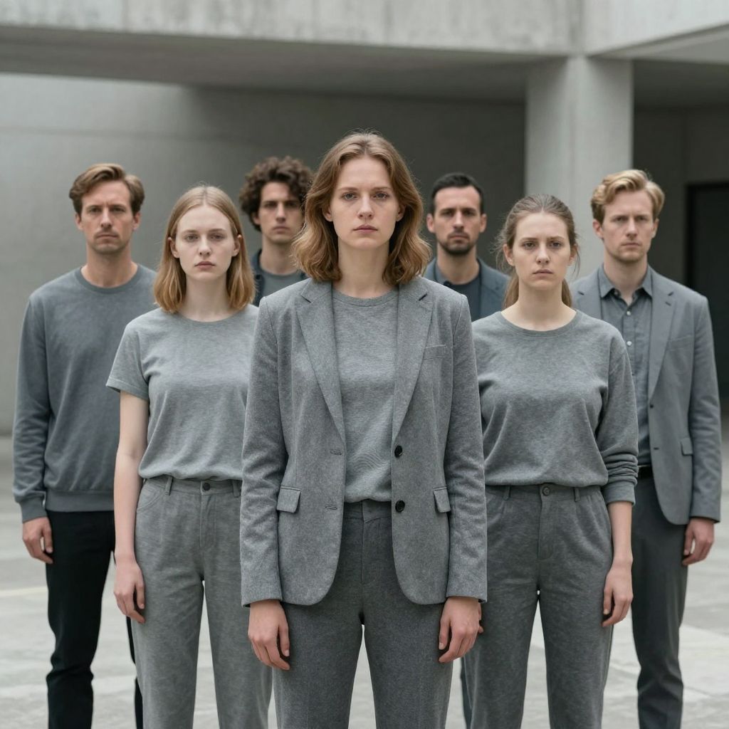 A szürke ruhák a lélek elrejtett vágyait tükrözik, melyek a hétköznapi konformitás mögött rejtőznek.