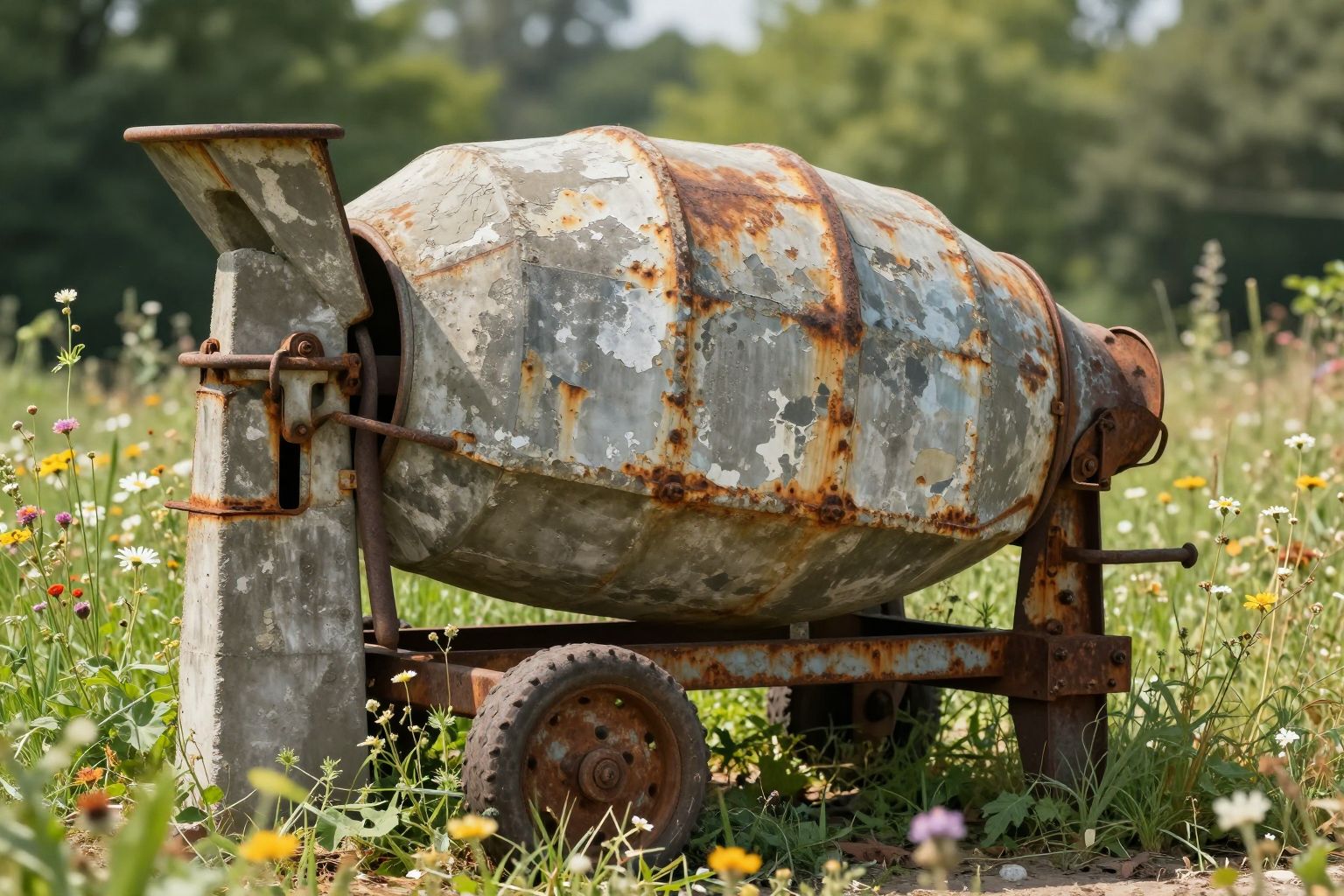 A rozsdás, régi betonkeverő álma emlékeztet a múlt terheire és az új lehetőségek születésére.