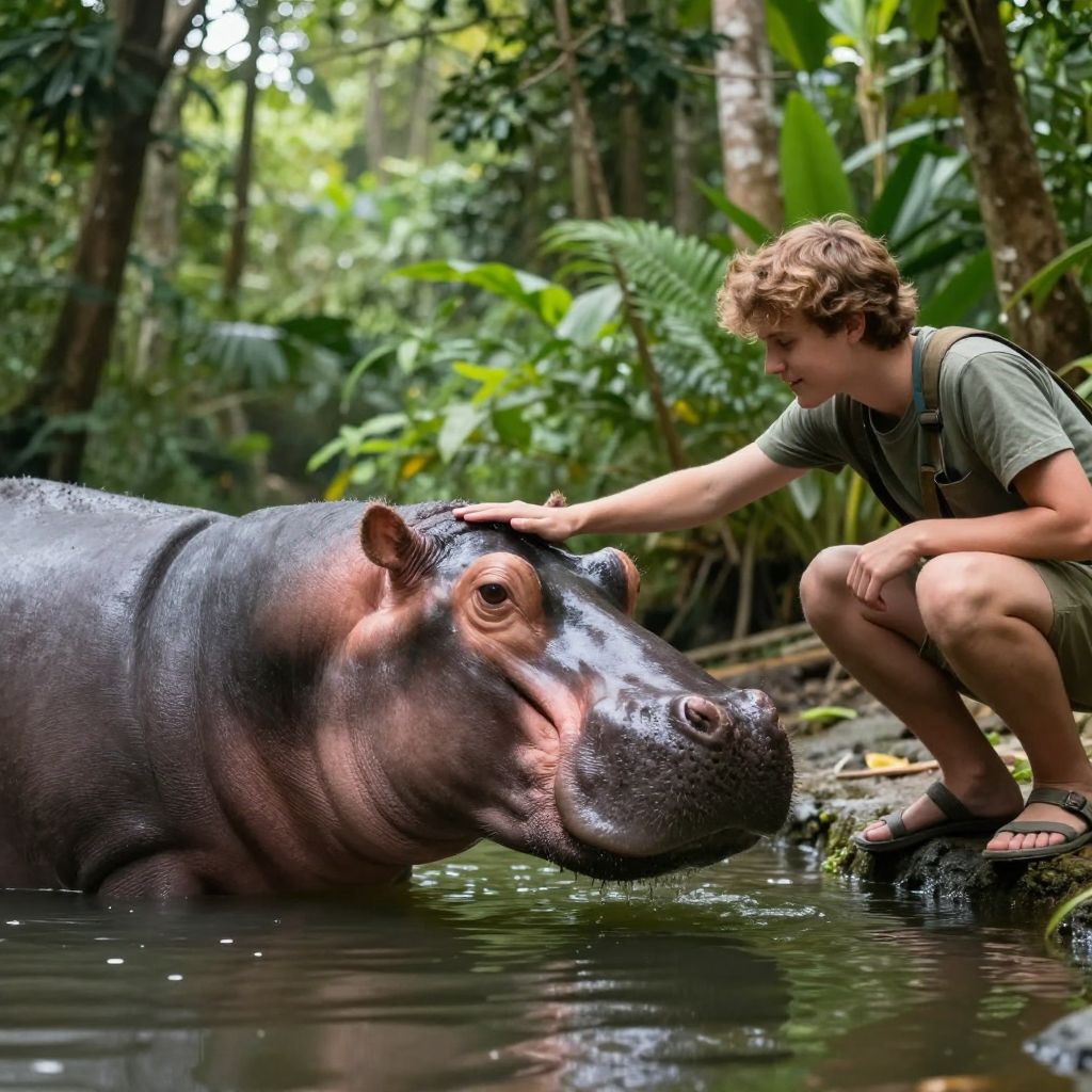 Az álombeli víziló simogatása a belső erődet és a félelmek legyőzését szimbolizálja, közelebb hozva a békéhez.