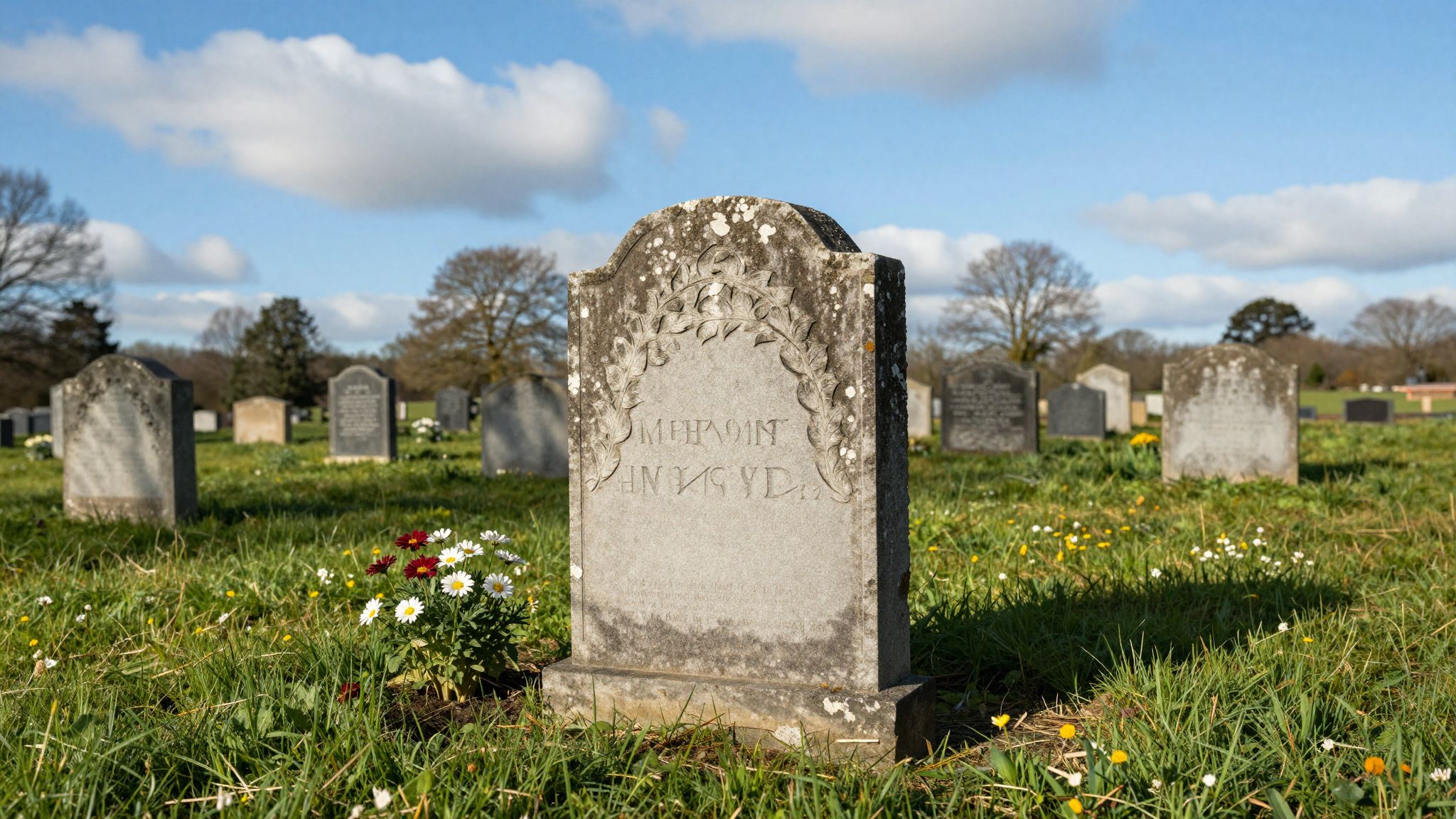 A sírkő és napsütés találkozása a remény újjászületését, a múlt és jövő harmóniáját jelzi az álmokban.