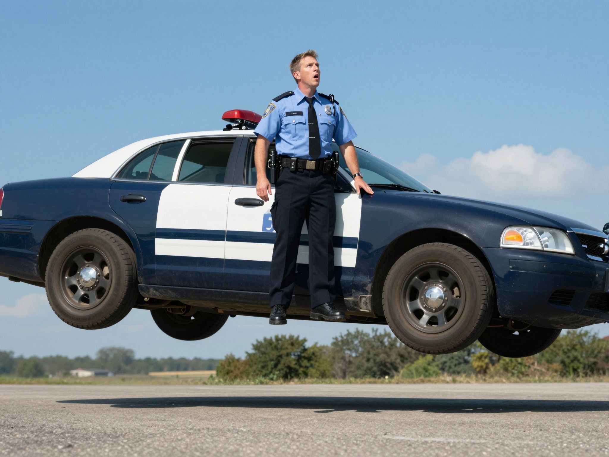 A levegőben szálló rendőrautó az álmok világában a szabadság és a felelősség különös táncát jelzi.