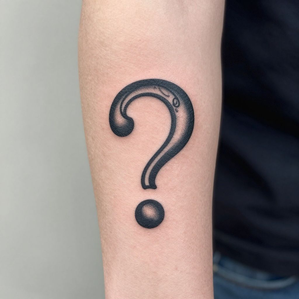 A kérdőjel tetoválás magában hordozza a titkokat és az élet rejtelmeinek felfedezésére ösztönöz, mint egy varázslatos utazás.