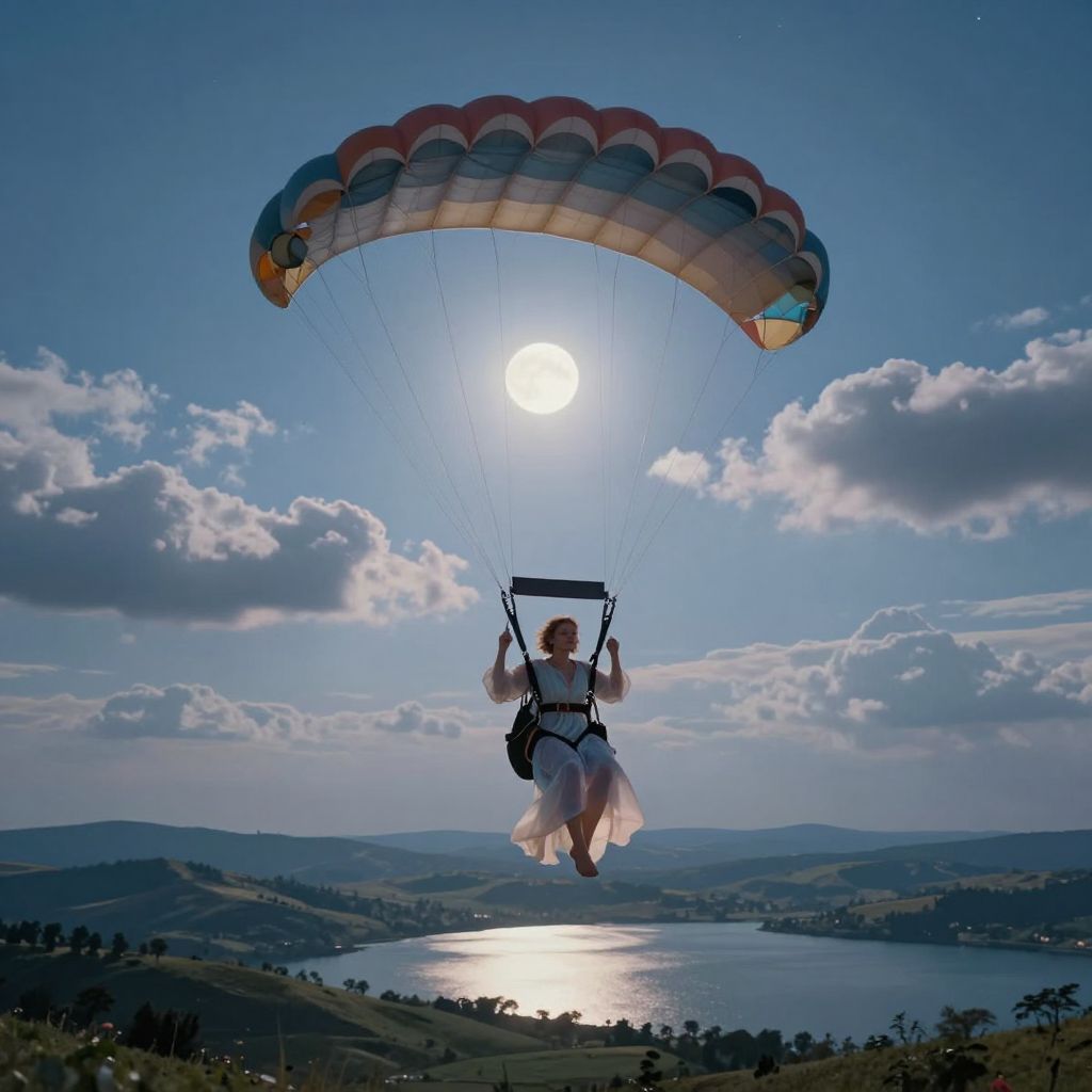 Az álomban részlegesen nyíló ejtőernyő a bizonytalanság és a várakozás feszültségét hordozza magában, utalva a lelki mélységekre.