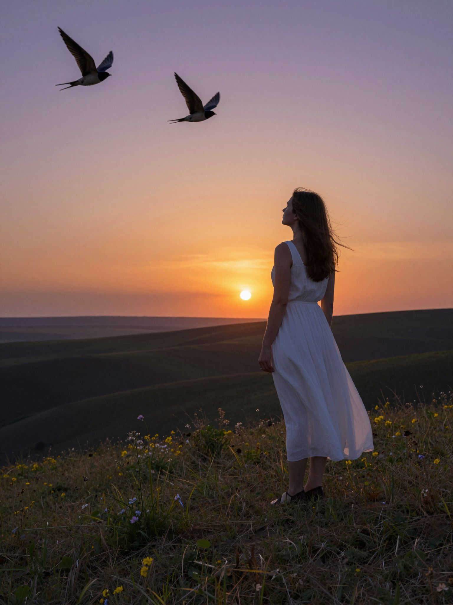 A fecske a naplementében az álmok kapuját nyitja, hol a múlt és jövő táncol rózsaszínű fényben.