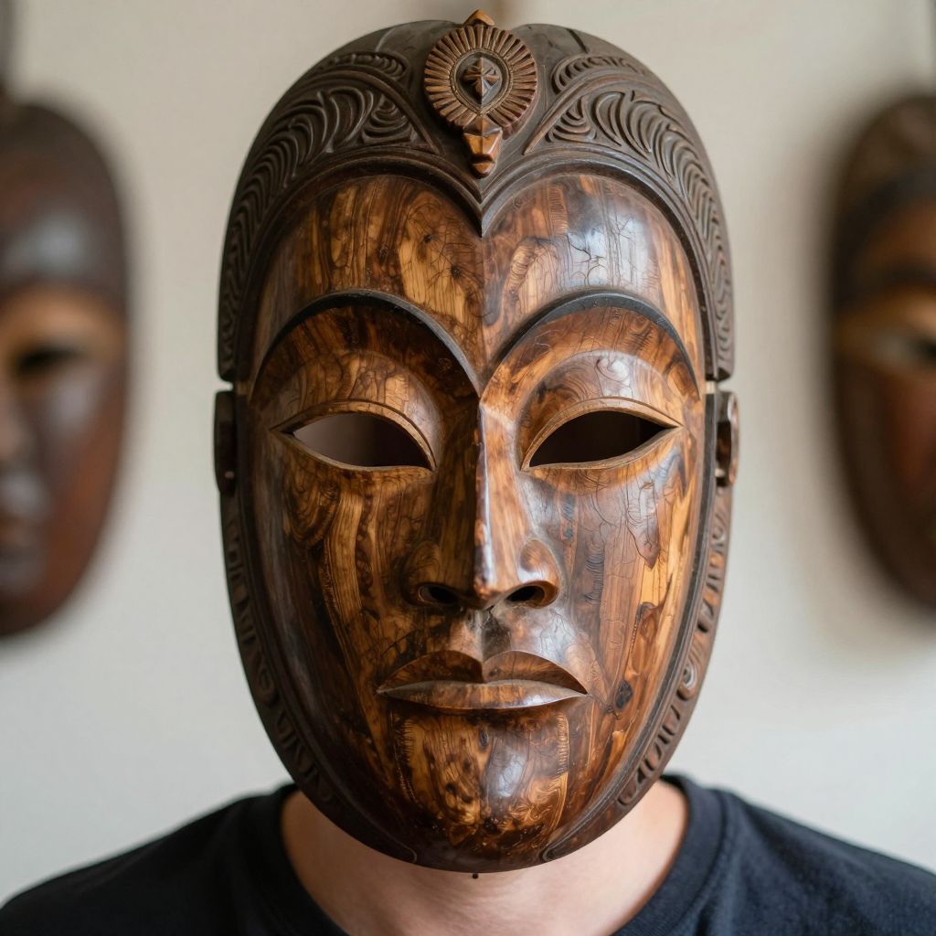A fából készült maszkok titokzatos erőt hordoznak, az álmok világában végtelen lehetőségeket nyitva a lélek felfedezésére.