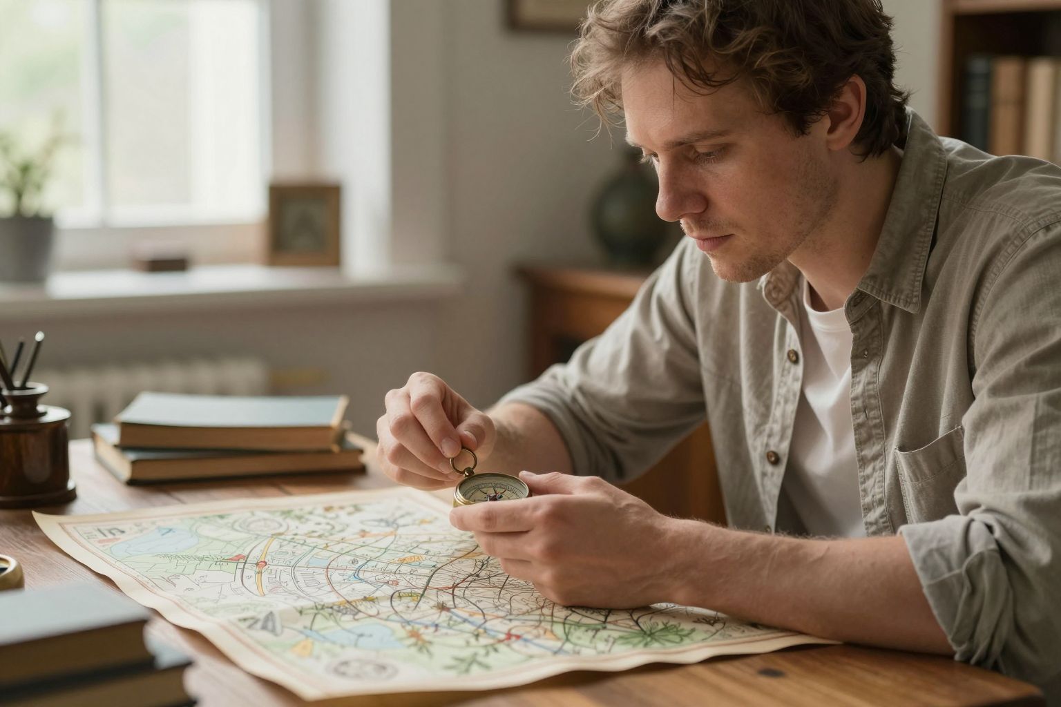 Az iránytű és a térkép együtt álomban utakat nyit meg, titkokat rejteget, és a lélek belső irányait fedi fel.