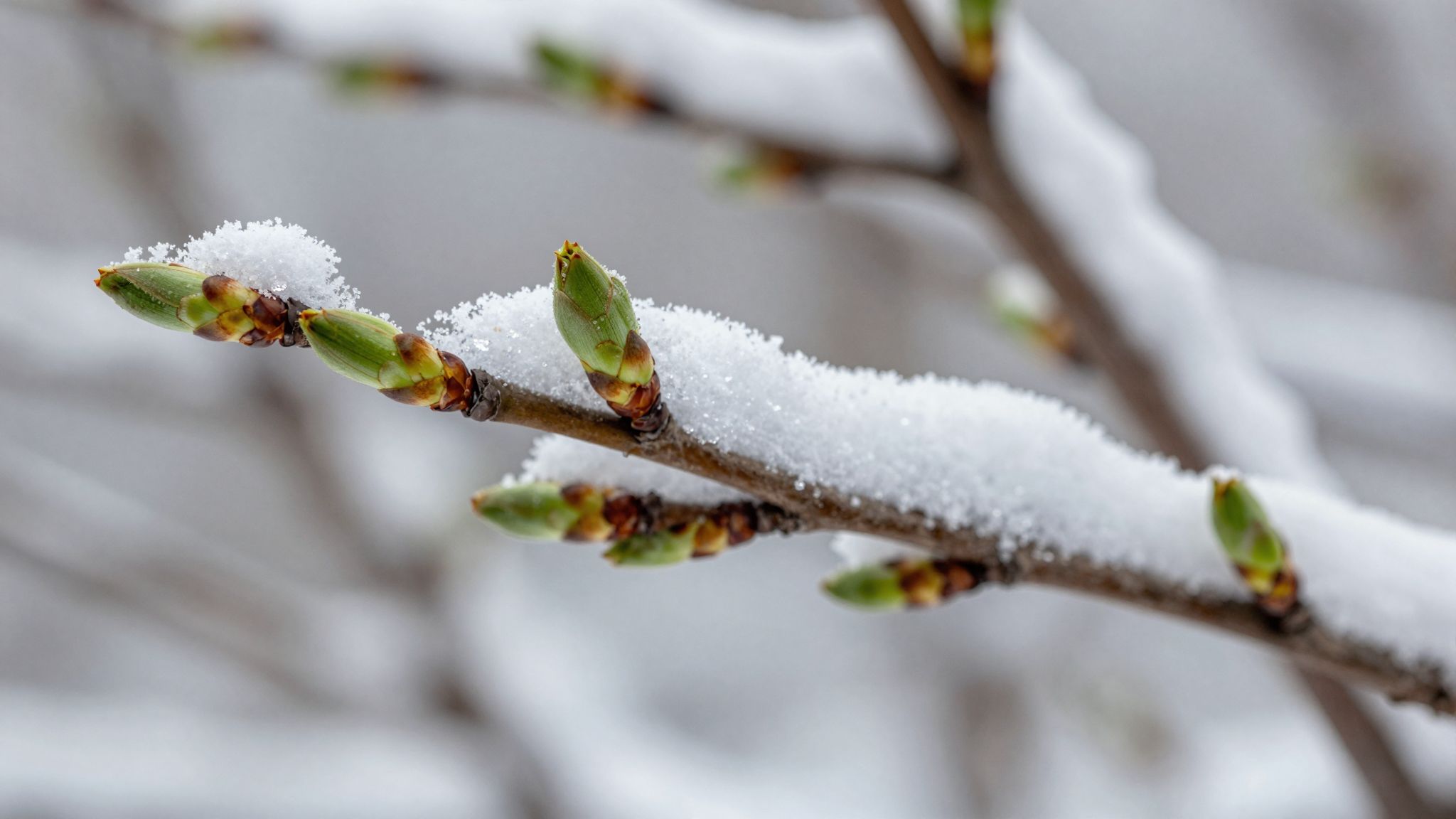 A fán rügyek bontogatják szirmaikat, hóban rejtett titkokat őrizve, álmainkban új élet ébredhet a csendes téli tájban.