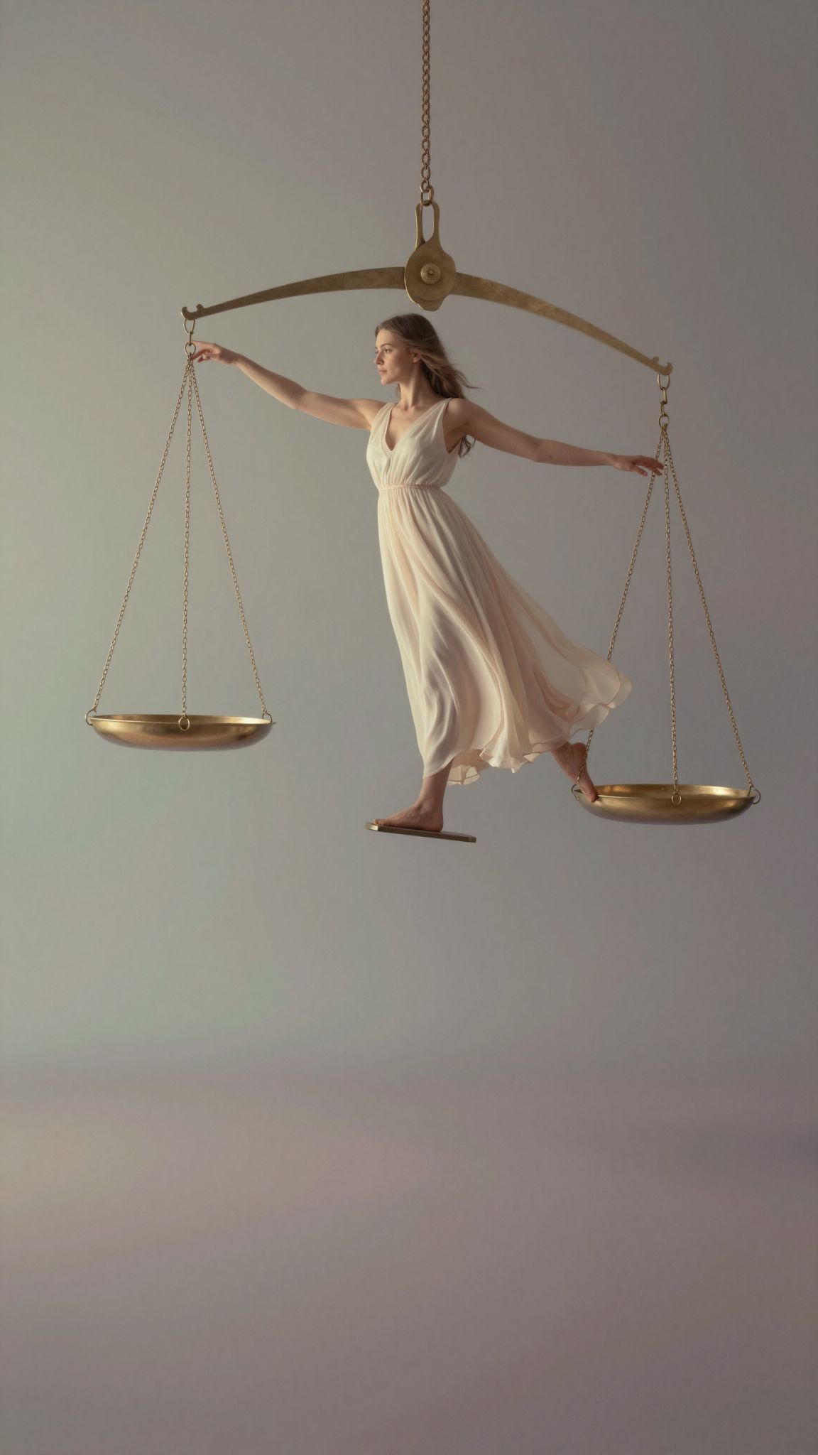 A levegőben lebegő mérleg szimbolizálja a belső harmónia keresését és az égi kapcsolatok felfedezését.