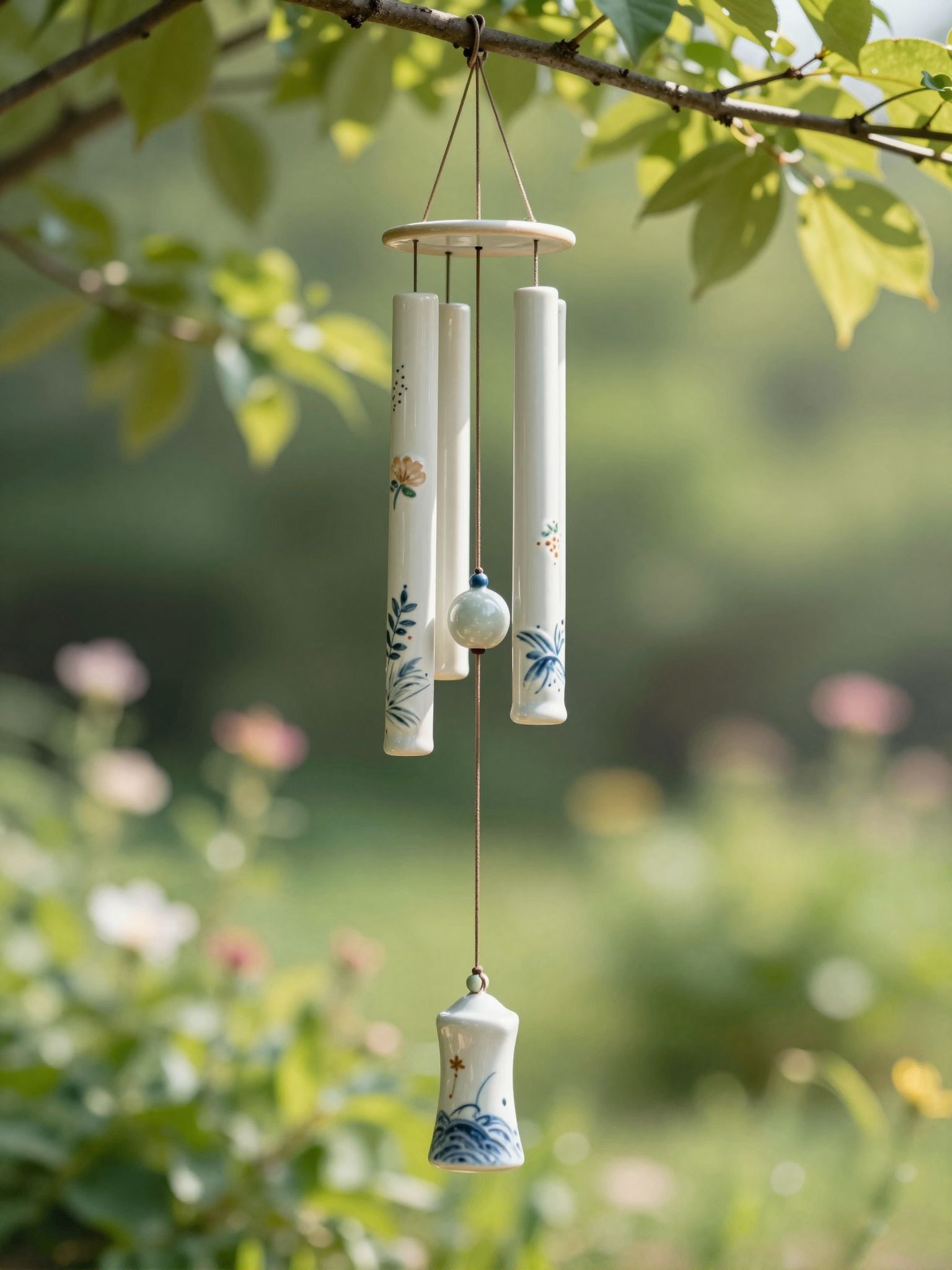 A kerámia szélcsengő látványa álomban a lelki harmóniát és a belső békét hirdeti, csodás üzenetet hozva.