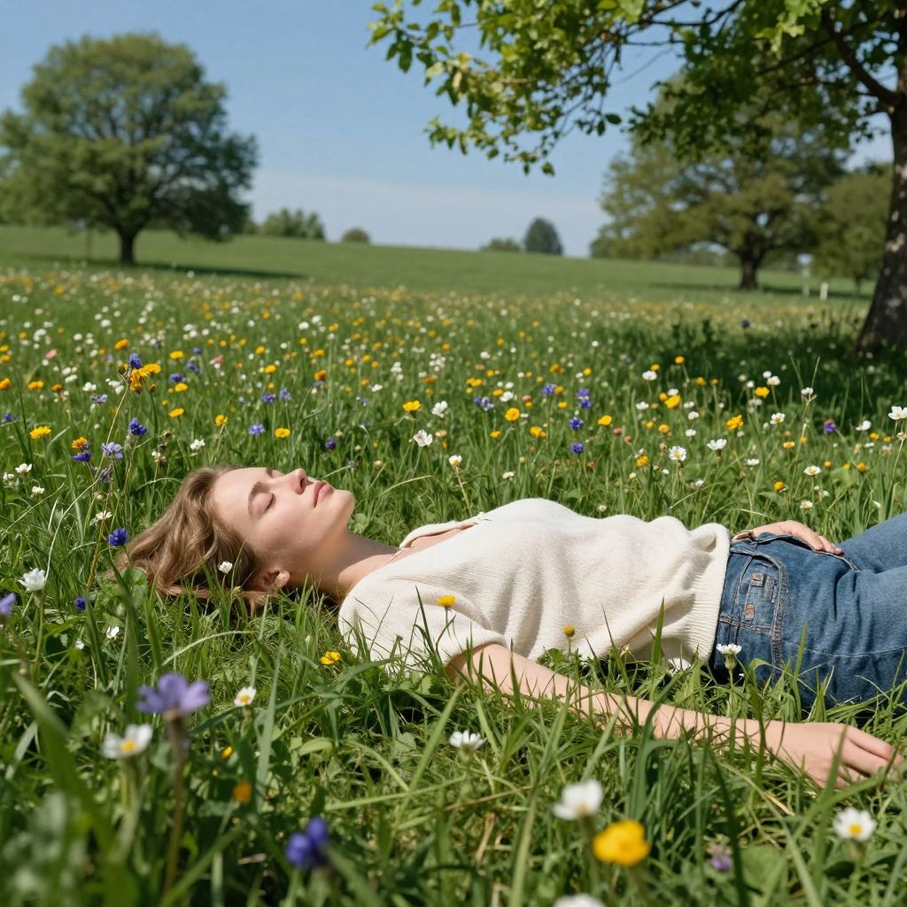 Álmunkban a réten fekve a természet lágy ölelését érezhetjük, ahol a gondolatok szabadon szárnyalnak a végtelenben.