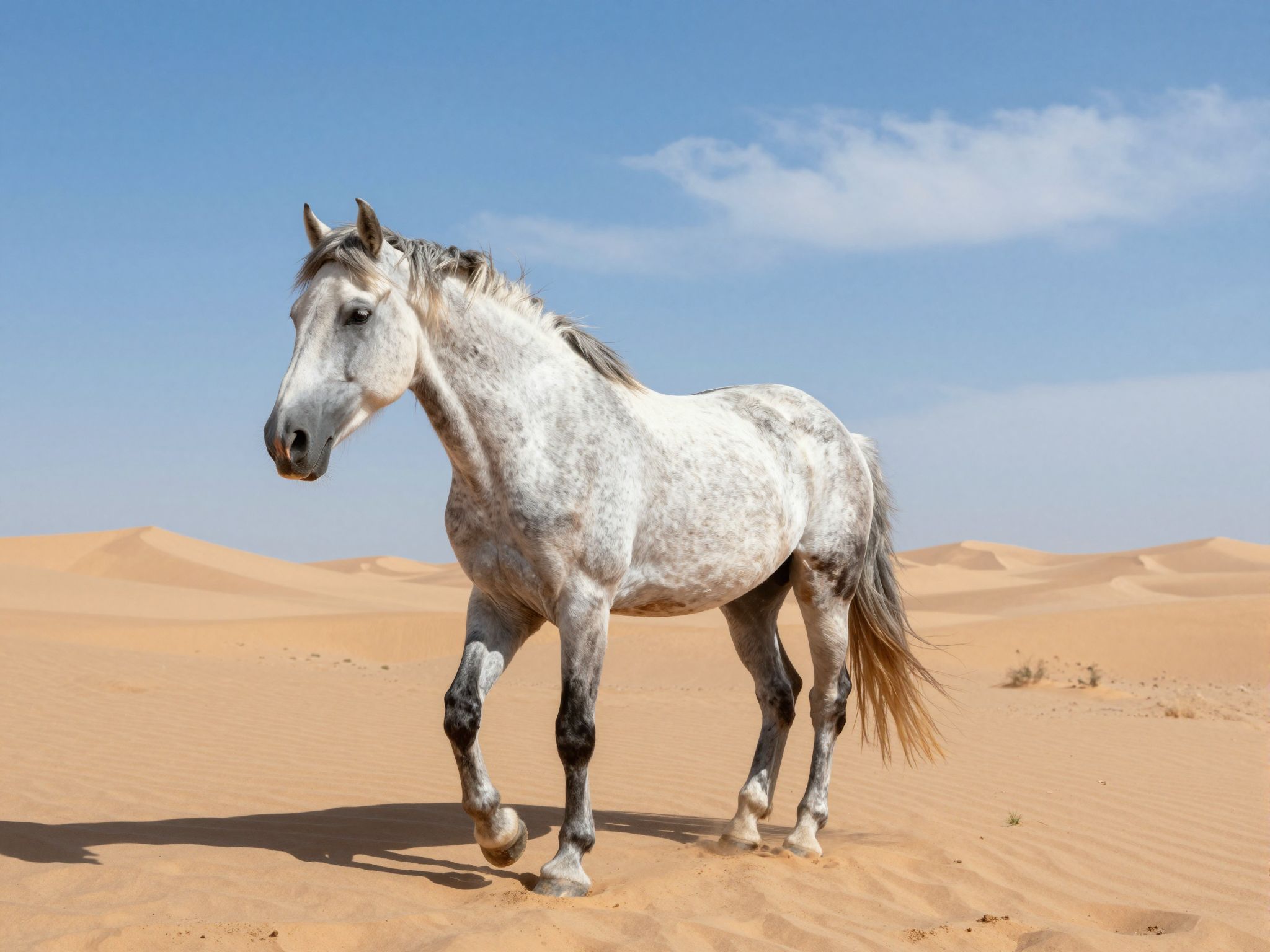 A pej ló vándorlása a sivatagban a szabadság és a kaland vágyát szimbolizálja, titkokat rejtegetve a homok alatt.