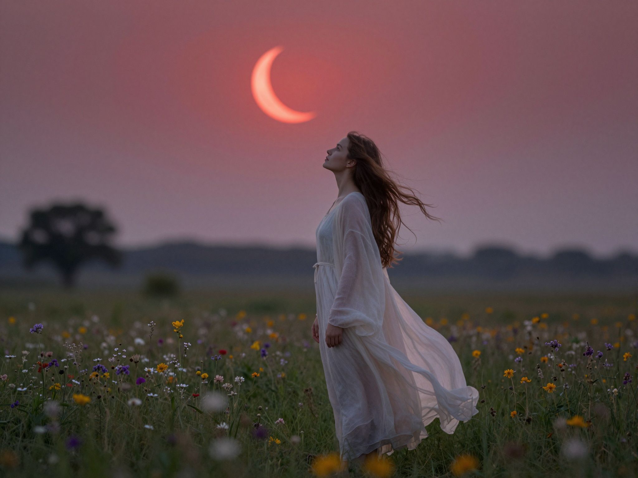 A vérvörös félhold a szenvedély és titkok jeleként ragyog, sorsunk rejtett ösvényeire vezetve minket.